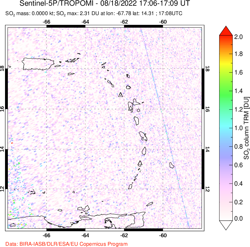 A sulfur dioxide image over Montserrat, West Indies on Aug 18, 2022.