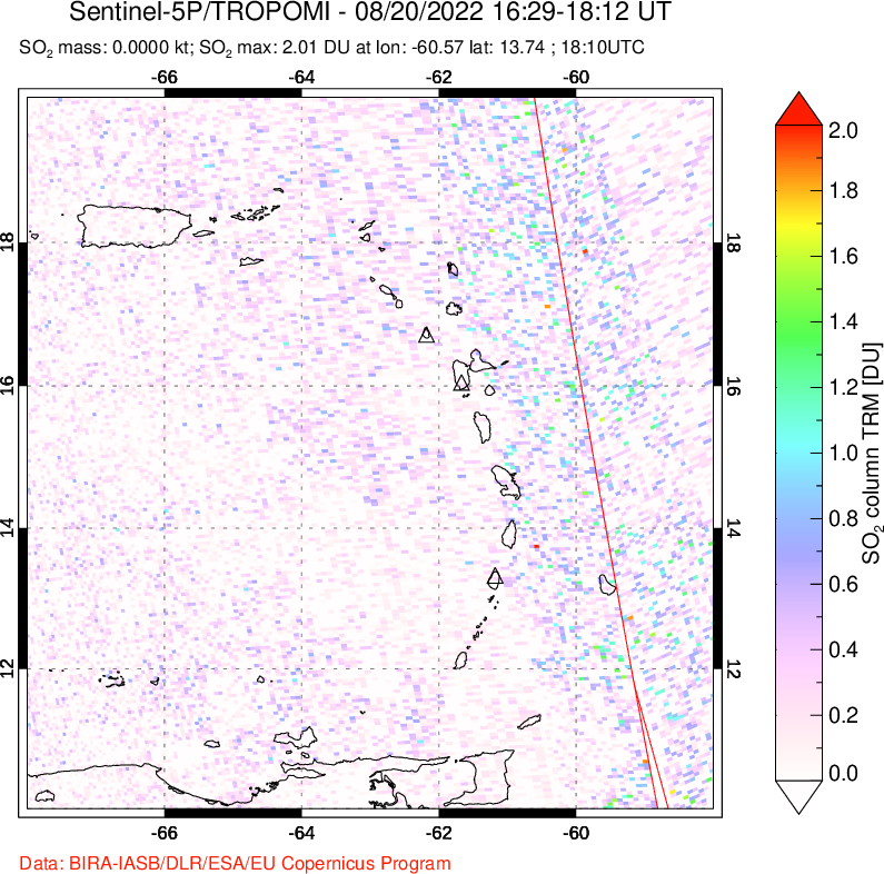 A sulfur dioxide image over Montserrat, West Indies on Aug 20, 2022.