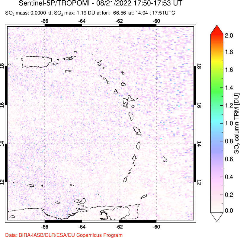 A sulfur dioxide image over Montserrat, West Indies on Aug 21, 2022.