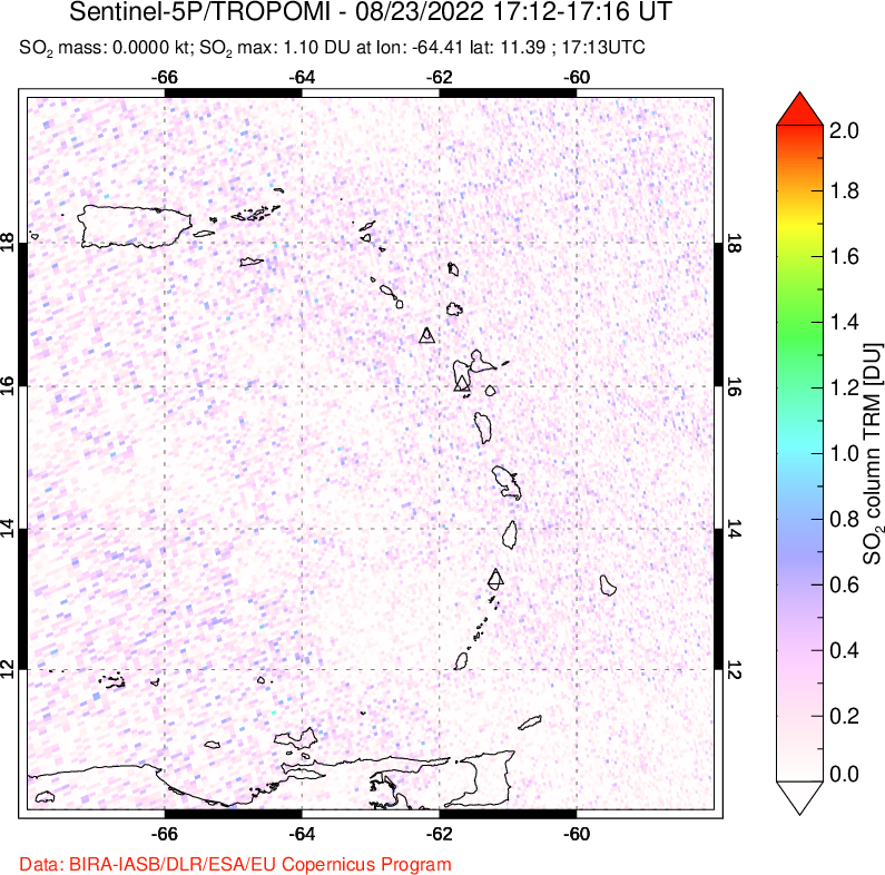A sulfur dioxide image over Montserrat, West Indies on Aug 23, 2022.