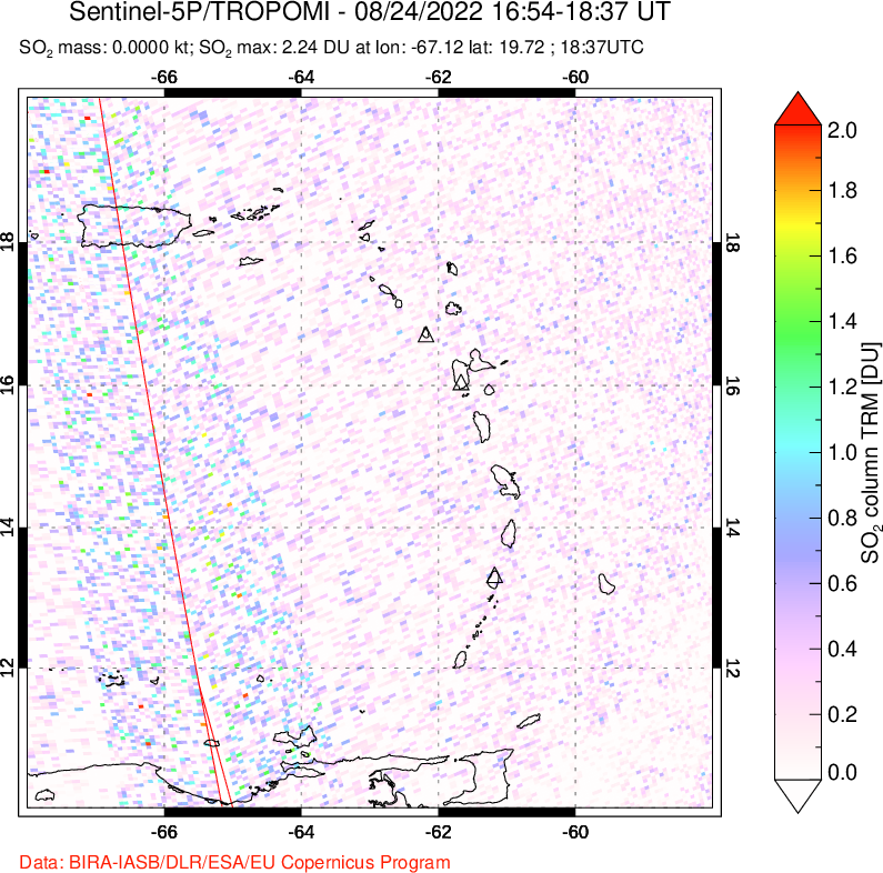 A sulfur dioxide image over Montserrat, West Indies on Aug 24, 2022.