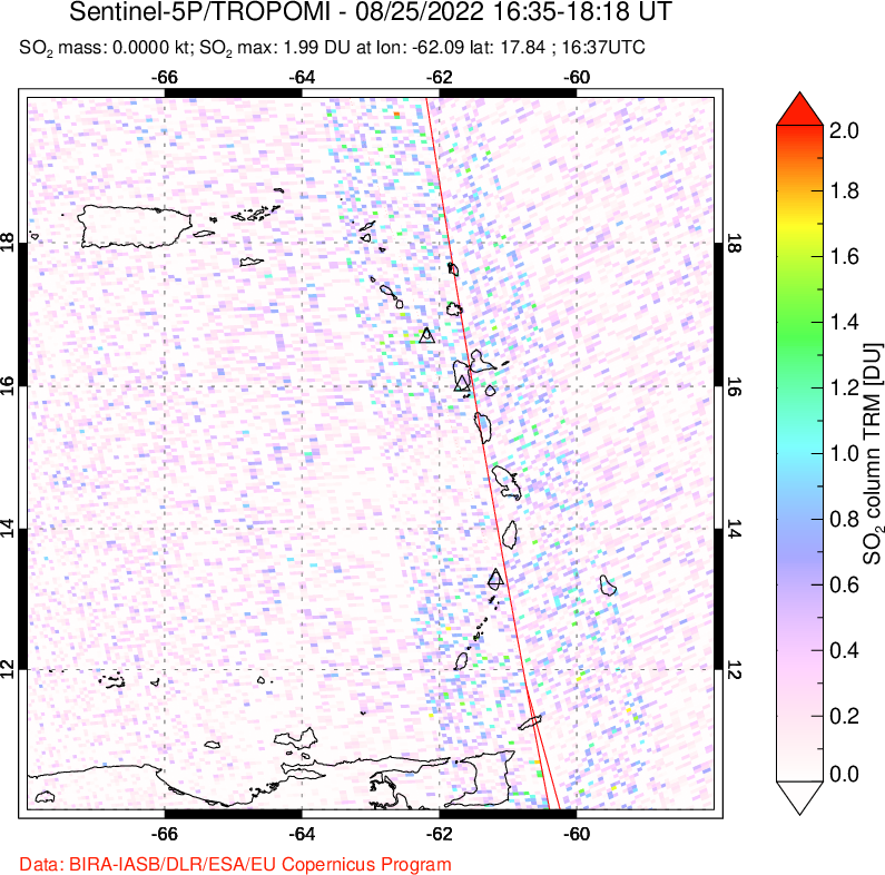 A sulfur dioxide image over Montserrat, West Indies on Aug 25, 2022.