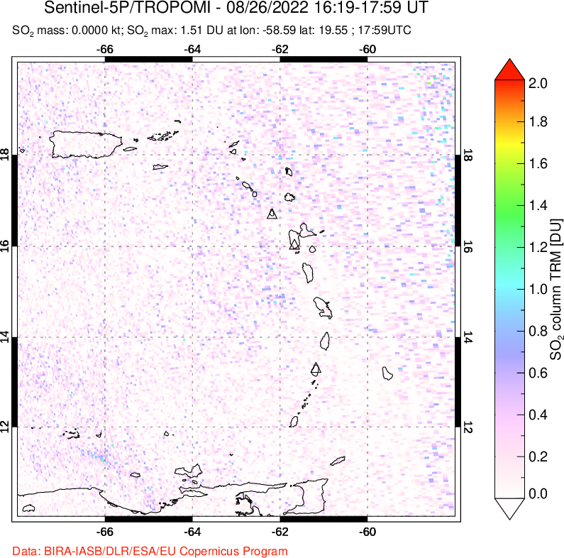 A sulfur dioxide image over Montserrat, West Indies on Aug 26, 2022.