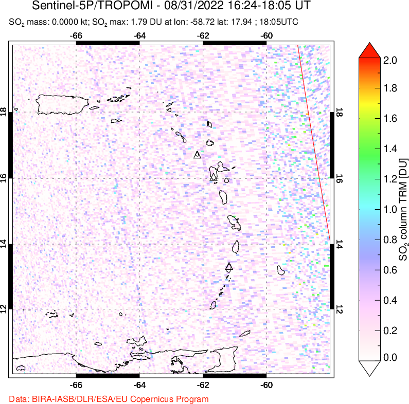 A sulfur dioxide image over Montserrat, West Indies on Aug 31, 2022.