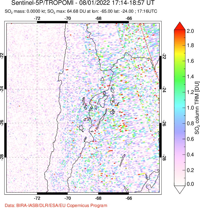 A sulfur dioxide image over Northern Chile on Aug 01, 2022.