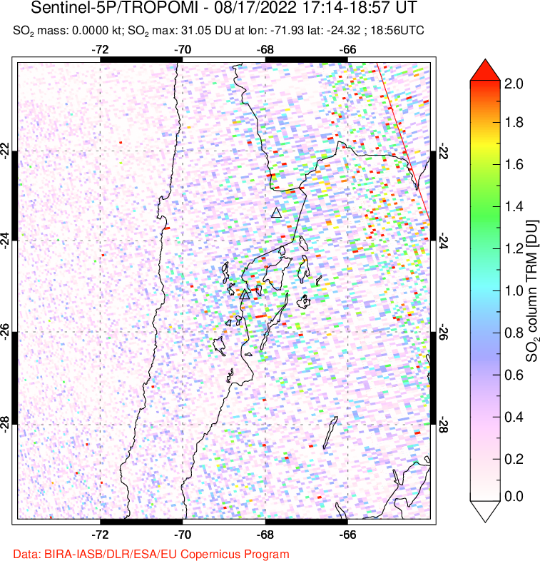 A sulfur dioxide image over Northern Chile on Aug 17, 2022.