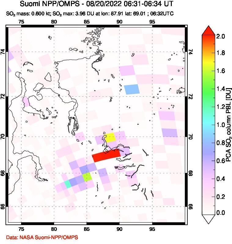 A sulfur dioxide image over Norilsk, Russian Federation on Aug 20, 2022.