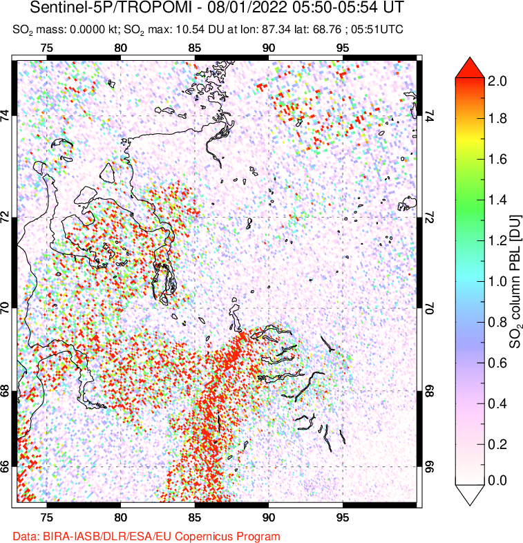 A sulfur dioxide image over Norilsk, Russian Federation on Aug 01, 2022.