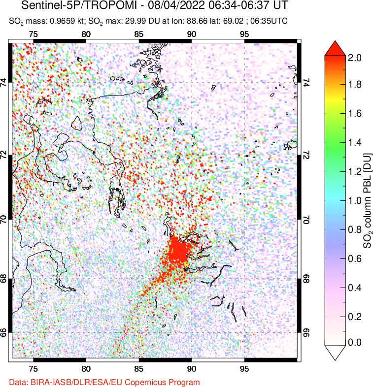 A sulfur dioxide image over Norilsk, Russian Federation on Aug 04, 2022.