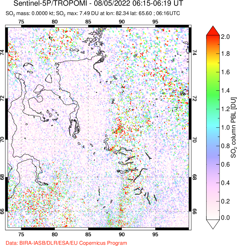 A sulfur dioxide image over Norilsk, Russian Federation on Aug 05, 2022.