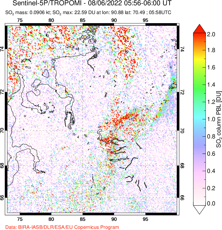 A sulfur dioxide image over Norilsk, Russian Federation on Aug 06, 2022.