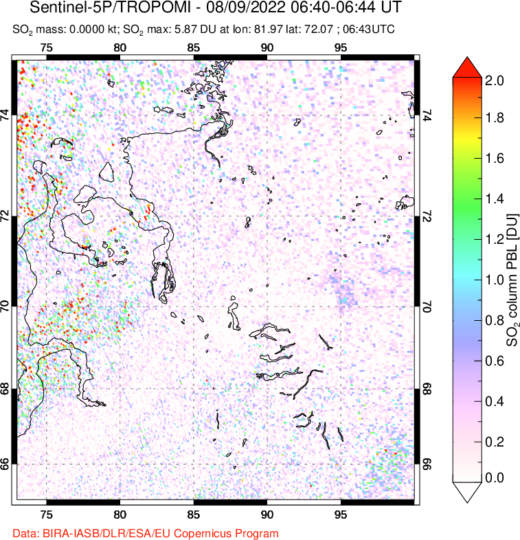 A sulfur dioxide image over Norilsk, Russian Federation on Aug 09, 2022.