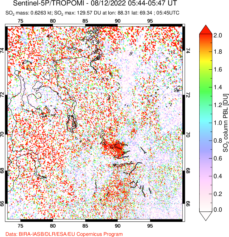 A sulfur dioxide image over Norilsk, Russian Federation on Aug 12, 2022.