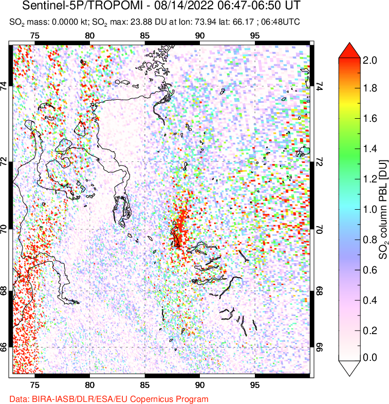 A sulfur dioxide image over Norilsk, Russian Federation on Aug 14, 2022.