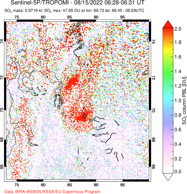 A sulfur dioxide image over Norilsk, Russian Federation on Aug 15, 2022.