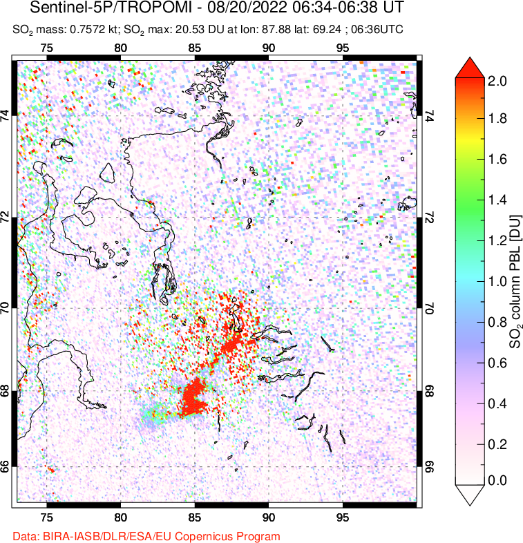 A sulfur dioxide image over Norilsk, Russian Federation on Aug 20, 2022.
