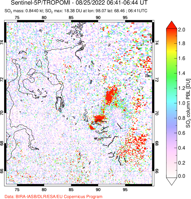 A sulfur dioxide image over Norilsk, Russian Federation on Aug 25, 2022.