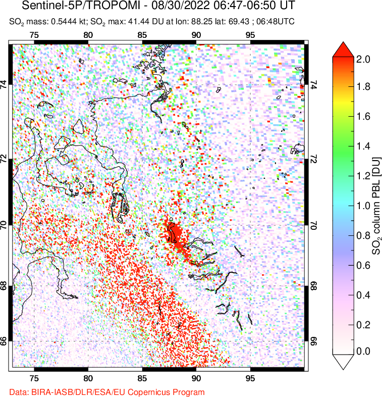 A sulfur dioxide image over Norilsk, Russian Federation on Aug 30, 2022.