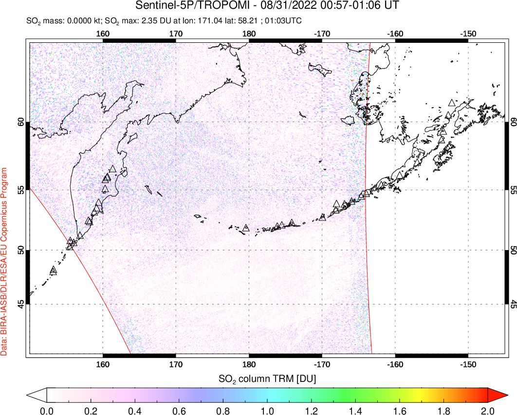 A sulfur dioxide image over North Pacific on Aug 31, 2022.