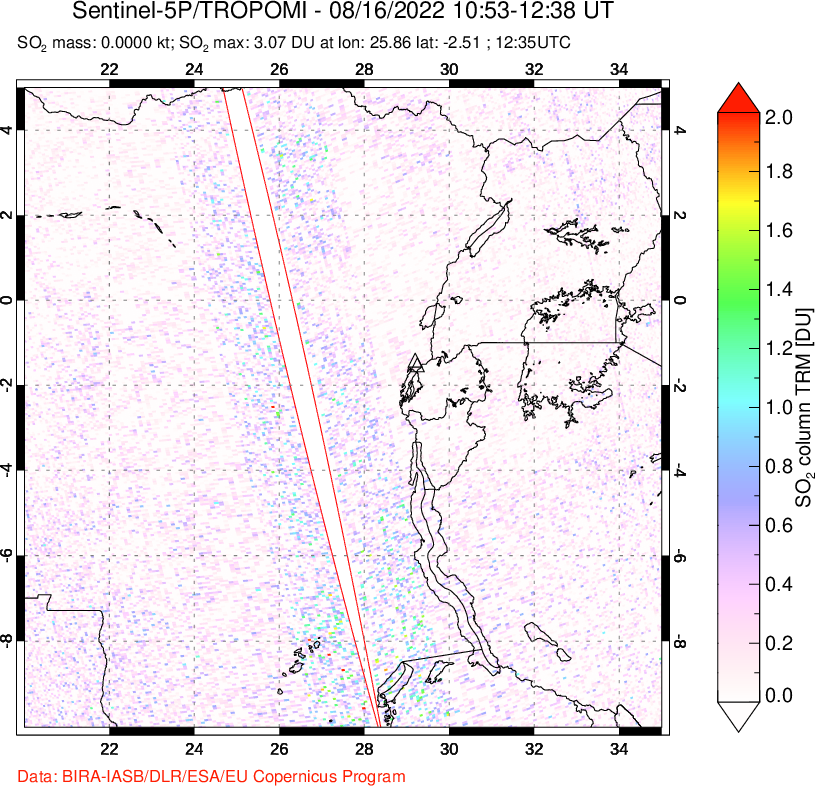 A sulfur dioxide image over Nyiragongo, DR Congo on Aug 16, 2022.