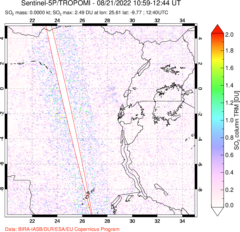 A sulfur dioxide image over Nyiragongo, DR Congo on Aug 21, 2022.