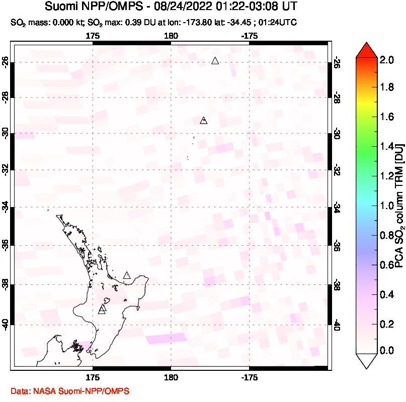 A sulfur dioxide image over New Zealand on Aug 24, 2022.