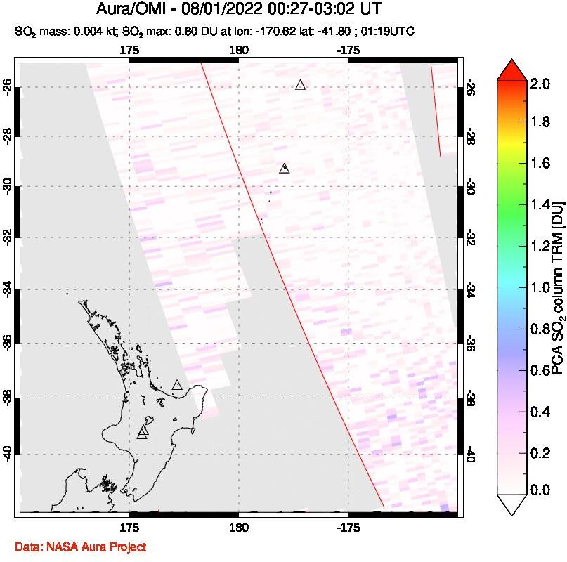 A sulfur dioxide image over New Zealand on Aug 01, 2022.