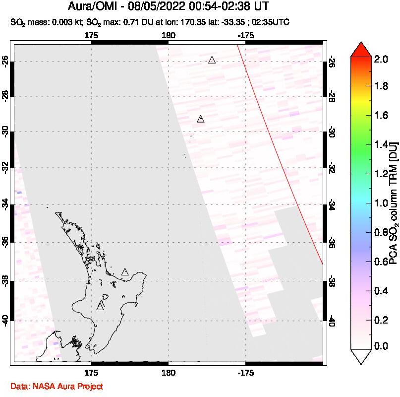 A sulfur dioxide image over New Zealand on Aug 05, 2022.