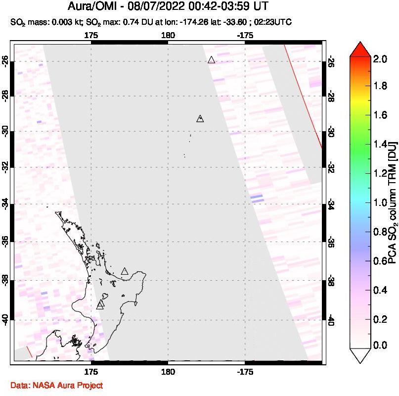 A sulfur dioxide image over New Zealand on Aug 07, 2022.