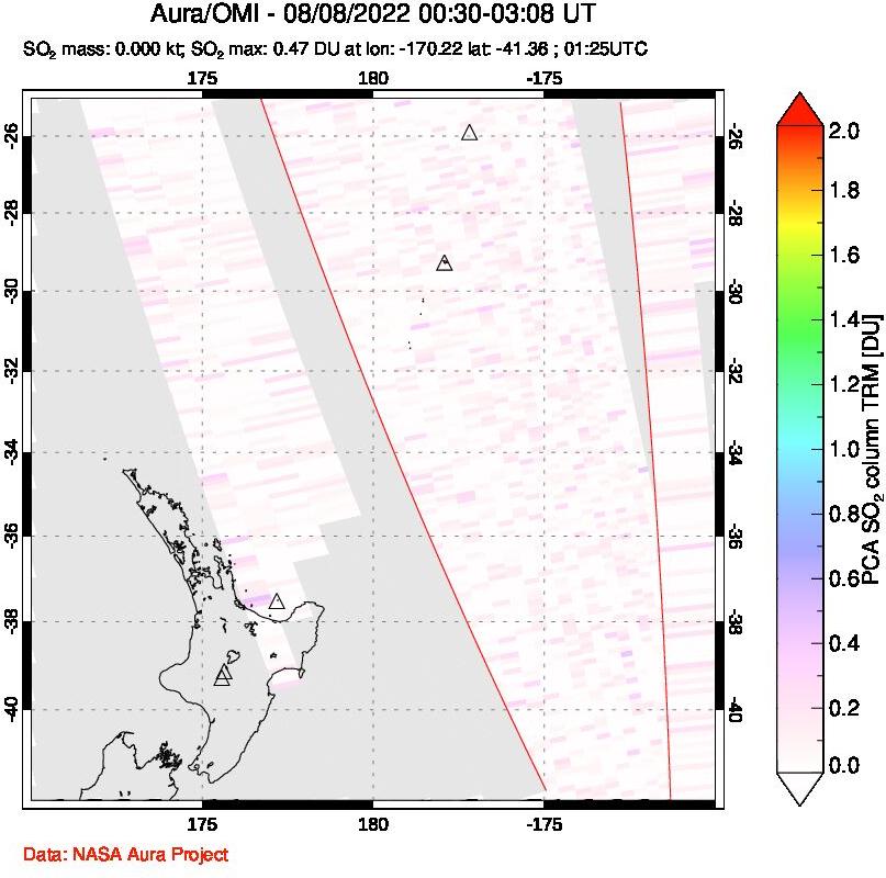 A sulfur dioxide image over New Zealand on Aug 08, 2022.