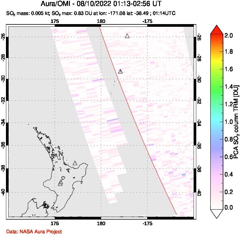 A sulfur dioxide image over New Zealand on Aug 10, 2022.
