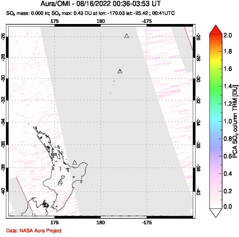 A sulfur dioxide image over New Zealand on Aug 16, 2022.