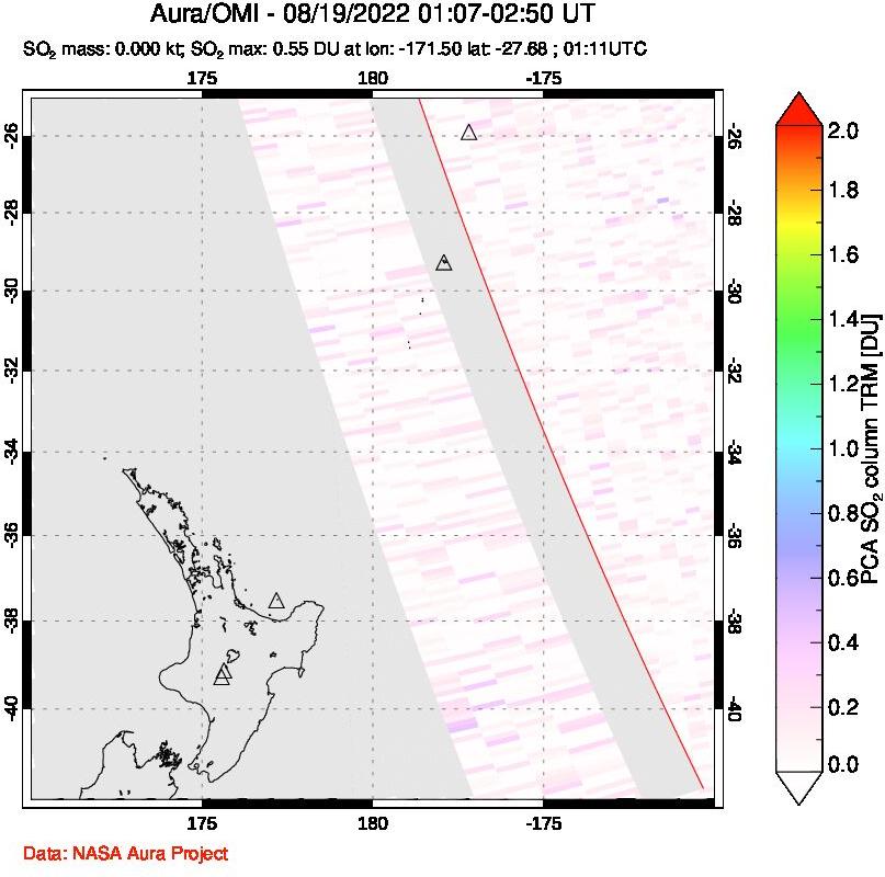 A sulfur dioxide image over New Zealand on Aug 19, 2022.