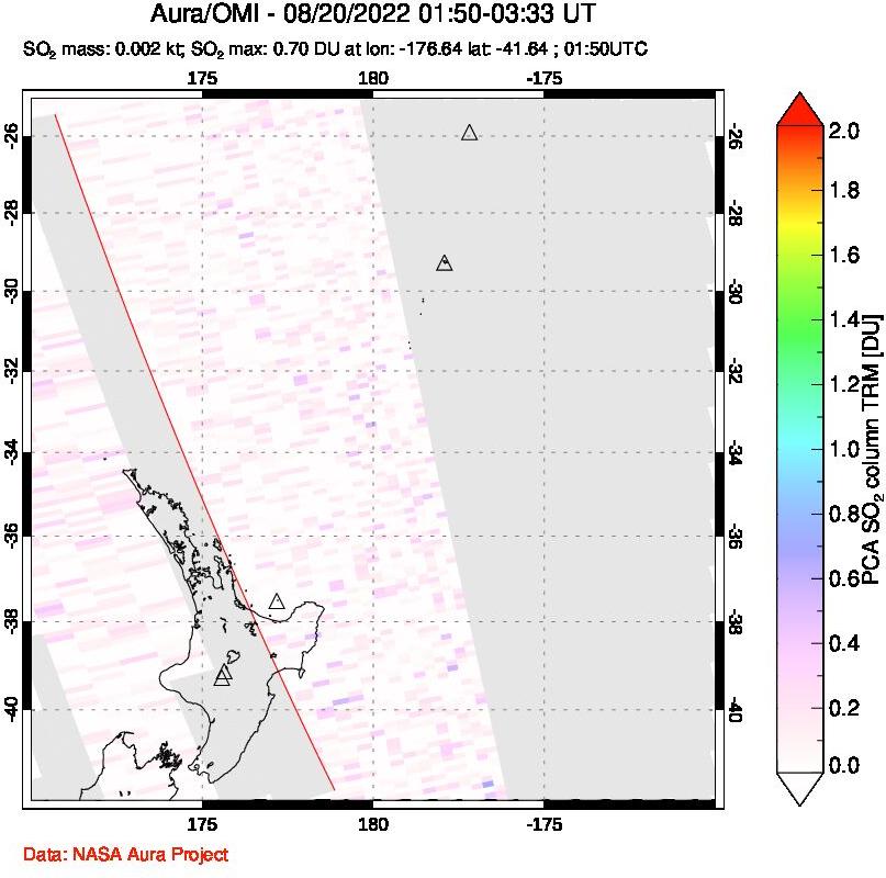 A sulfur dioxide image over New Zealand on Aug 20, 2022.