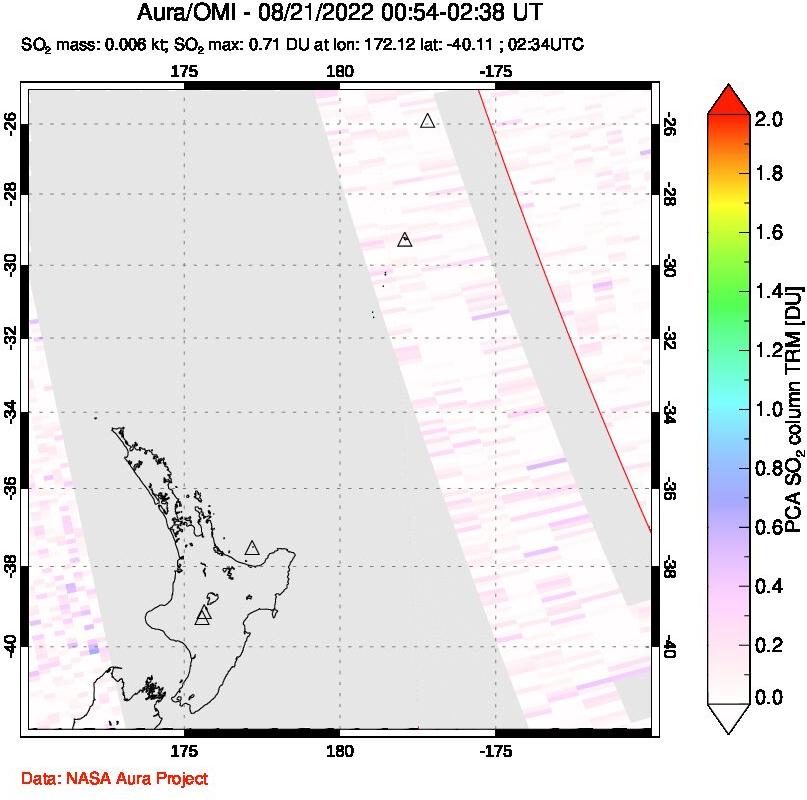 A sulfur dioxide image over New Zealand on Aug 21, 2022.