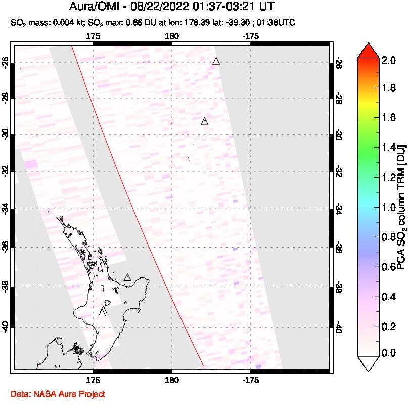 A sulfur dioxide image over New Zealand on Aug 22, 2022.