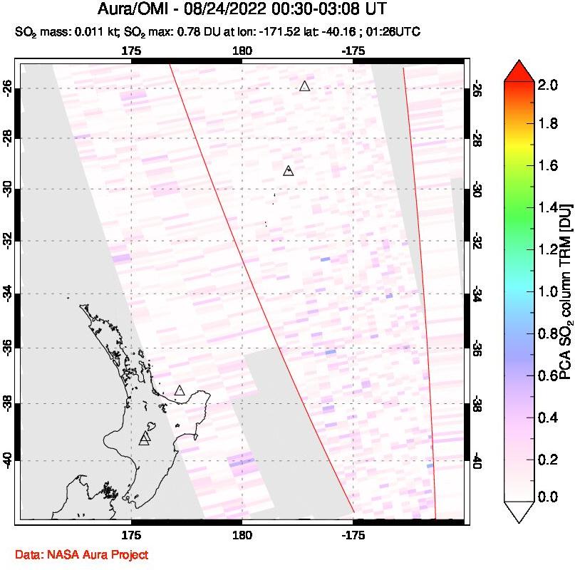 A sulfur dioxide image over New Zealand on Aug 24, 2022.