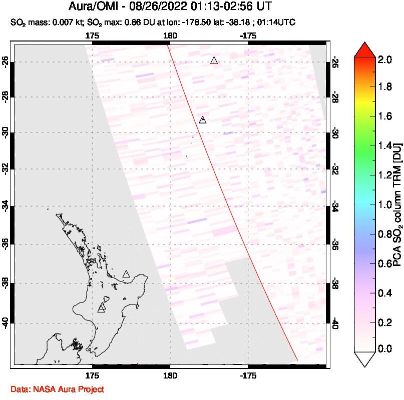 A sulfur dioxide image over New Zealand on Aug 26, 2022.