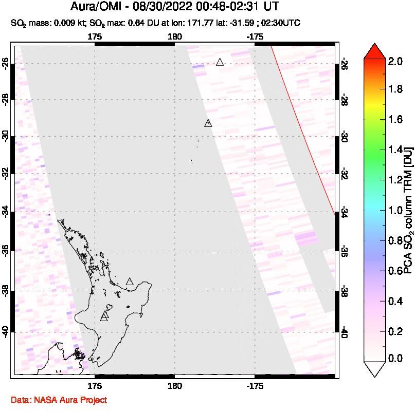 A sulfur dioxide image over New Zealand on Aug 30, 2022.