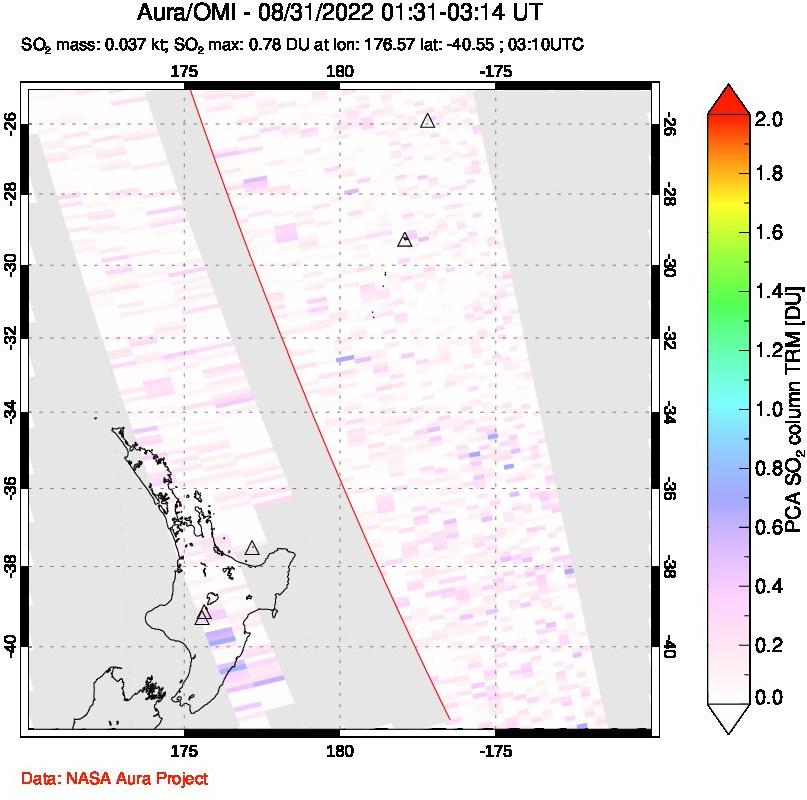 A sulfur dioxide image over New Zealand on Aug 31, 2022.