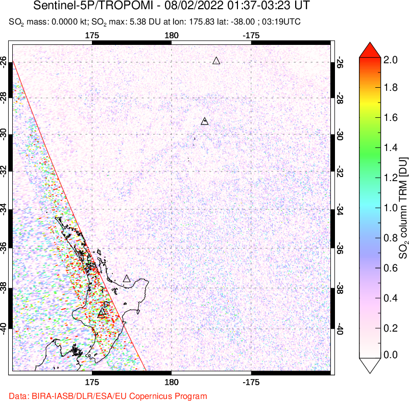 A sulfur dioxide image over New Zealand on Aug 02, 2022.