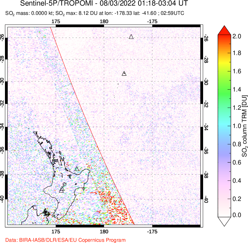 A sulfur dioxide image over New Zealand on Aug 03, 2022.