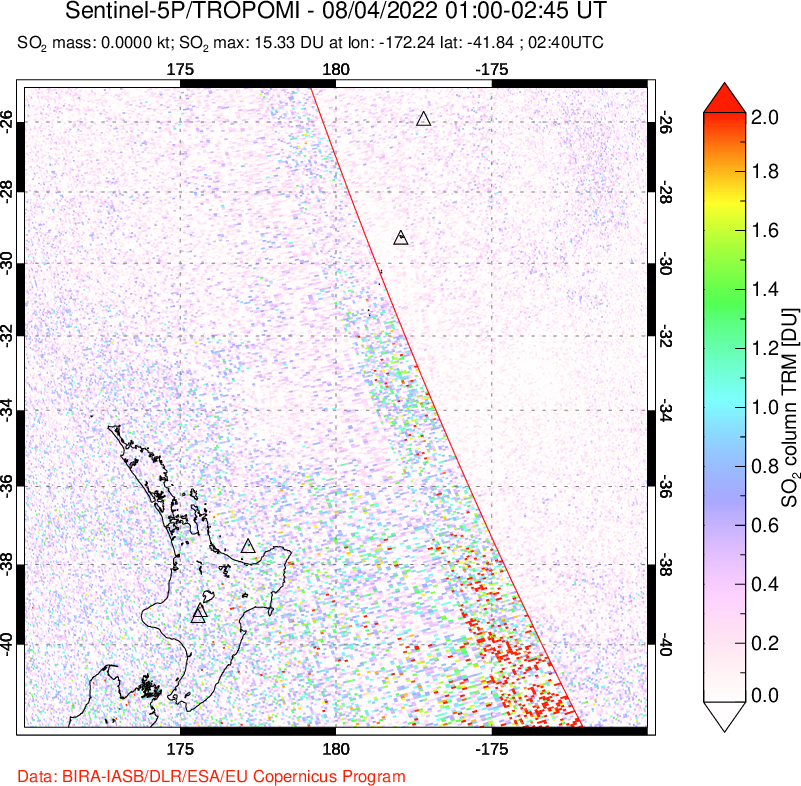 A sulfur dioxide image over New Zealand on Aug 04, 2022.