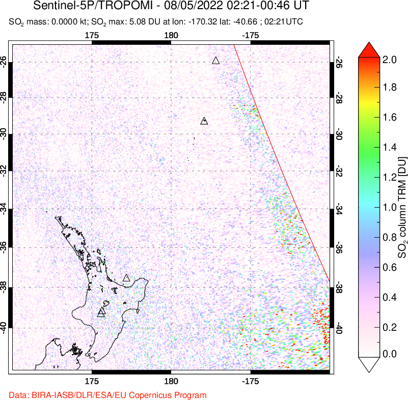 A sulfur dioxide image over New Zealand on Aug 05, 2022.