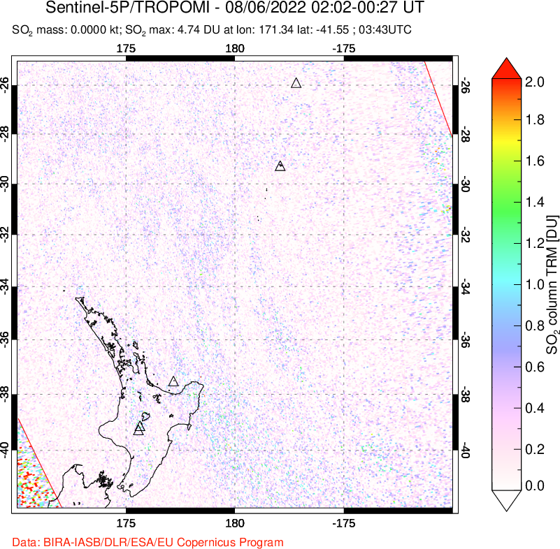 A sulfur dioxide image over New Zealand on Aug 06, 2022.