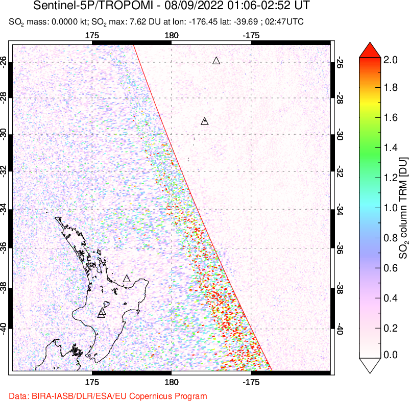 A sulfur dioxide image over New Zealand on Aug 09, 2022.