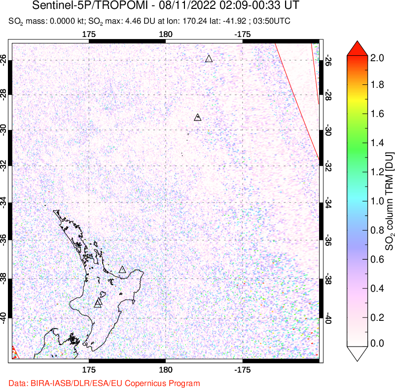 A sulfur dioxide image over New Zealand on Aug 11, 2022.