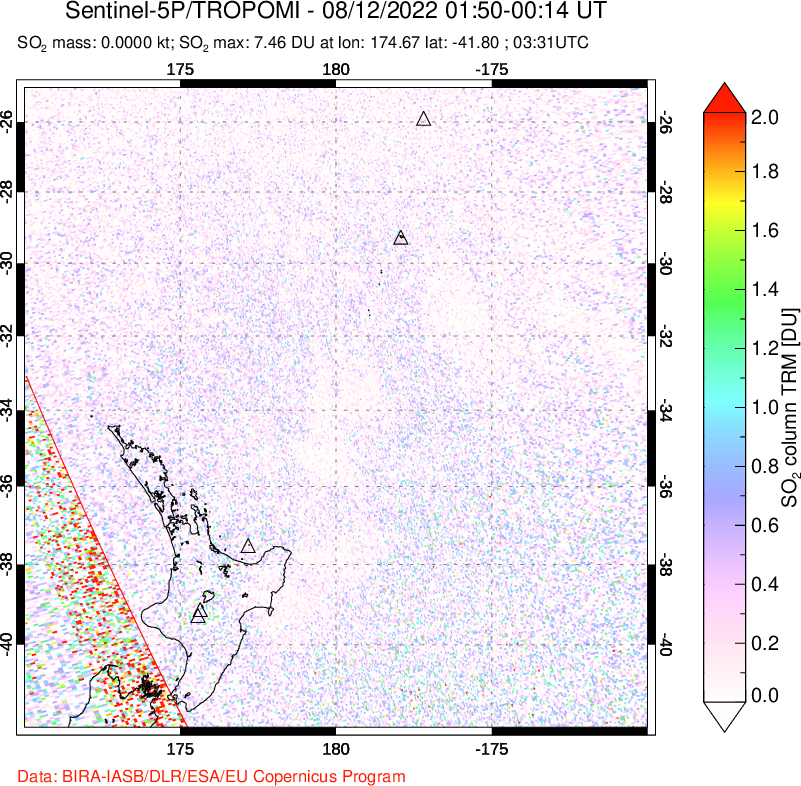 A sulfur dioxide image over New Zealand on Aug 12, 2022.