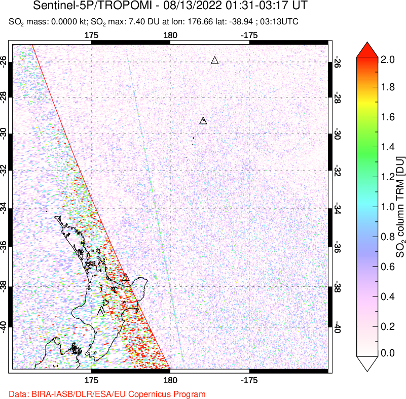 A sulfur dioxide image over New Zealand on Aug 13, 2022.