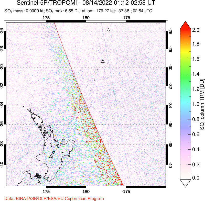 A sulfur dioxide image over New Zealand on Aug 14, 2022.